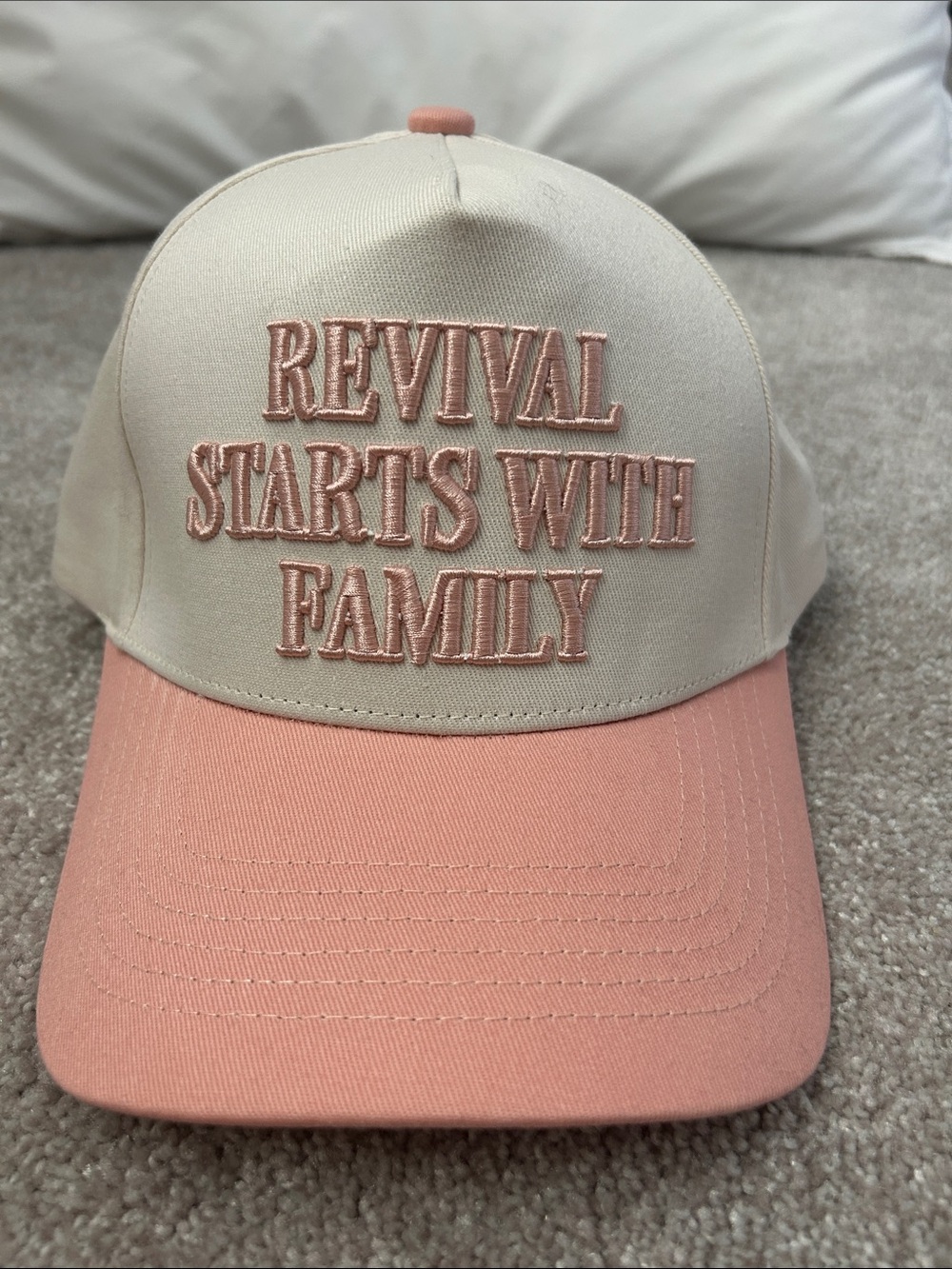 Cream and Pink Embroidered 'Revival Starts With Family' Baseball Hat
